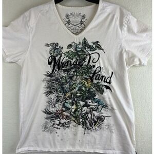 YD T-Shirt Unisex Size L White V-Neck Wonderland Allover Print Embroidered‎